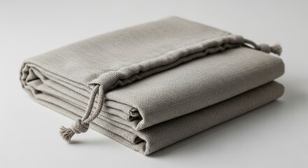 Folded neutral fabric cloth bag secured with practical drawstring positioned on clean plain minimalist surface