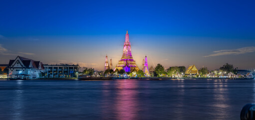 26 November 2025 Beautiful Sunset colours of Thai Temple Wat Arun on Chao Phraya River in BKK...