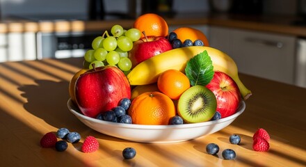 Fresh fruit bowl vibrantly arranged on kitchen counter bathed in warm morning light casting natural shadows