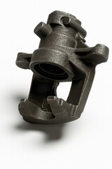 Heavy industrial suspension component in dark dramatic lighting, close-up of cast iron texture