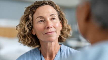 Woman doctor in hospital setting conversing with patient.