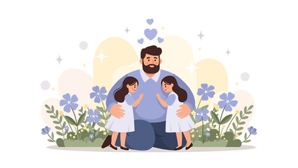 Obraz premium Fathers Day Illustration - Dad with Twin Daughters in Floral Setting.