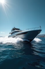 Fototapeta premium Luxury motor yacht cruises at speed across blue ocean. Modern powerboat sails fast on sunny day creating big waves. Rich lifestyle transportation offers holiday adventure, private voyage on large sea