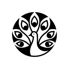 Stylized black and white peacock in circle on transparent background silhouette