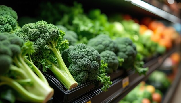 Fresh green broccoli heads arranged on shelves in grocery store produce section. Healthy leafy vegetables offer good choice for shoppers buying organic food.