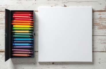Open box of colored wax crayons shows rainbow colors. Blank white canvas lies nearby. Art tools on light wooden table. Scene represents creativity, education, new ideas for drawing painting. Ready to