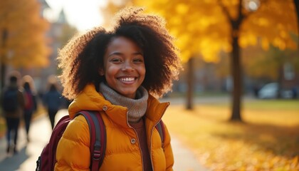 Smiling african american student wears orange coat and backpack walks on campus. Autumn leaves fall creating vibrant yellow scenery. Youthful energy and campus lifestyle are evident.