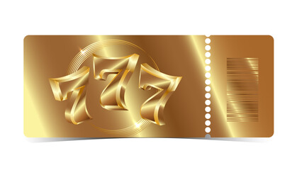 Luxury Golden Ticket template. Premium golden voucher with three sevens.