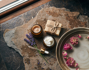 Elevated beauty concept. Jars of cream, soap, lavender, roses on a stone surface. Organic skincare, spa treatment. Perfect for beauty blogs, wellness articles.