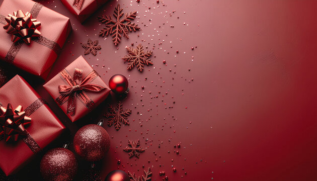 Luxury Christmas flat lay background with red theme  elegant gift boxes
