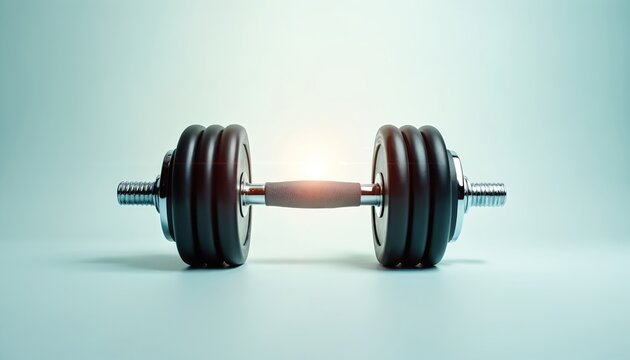 One black dumbbell with chrome grip lies isolated on light surface. Heavy sport equipment for gym fitness workout home exercise. Tool for weightlifting, bodybuilding, strength training, muscle