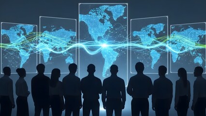 A group of silhouette individuals looking at the globe with the lines across it. 