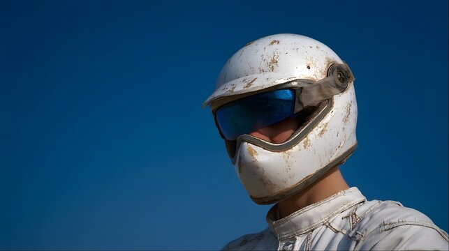 A person wearing a weathered white helmet and blue goggles against a clear blue sky