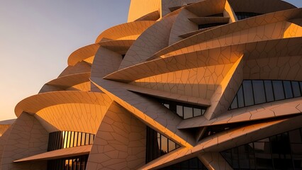 National Museum of Qatar's striking modern architecture at golden hour, showcasing geometric facade and warm light.