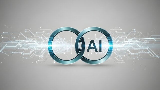 Two interconnected rings of technology with AI text, symbolizing artificial intelligence and advanced digital connectivity. 