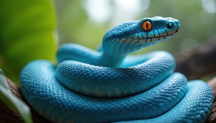 Fototapeta premium Closeup on blue viper snake with orange eyes curled on tree branch. Snake has vibrant scales. Snake poses a danger. Reptile lives in wild nature on a leaf with bokeh background.