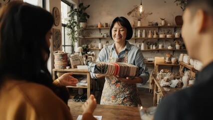 Friendly Shopkeeper Serving Customers in a Cozy Boutique.