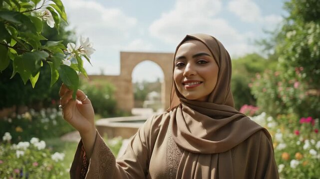 arab hijab woman smiling, garden and tree background
