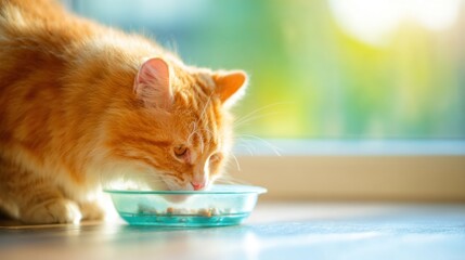 Orange cat enjoys meal in sunlight near window in cozy home setting