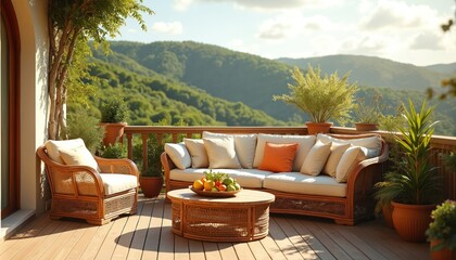 Obraz premium Elegant terrace features rattan furniture. Cozy couch, armchair with pillows sit on wooden deck. Plants surrounds balcony, offering scenic mountain views. Fruit basket adds inviting touch to outdoor