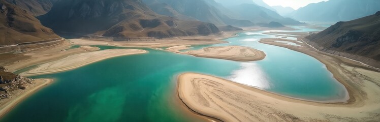 Panoramic aerial view of a mountain river with low turquoise water. Dry season reveals sandy shores and islets in valley. Scenic landscape shows impact of drought and climate change on nature.