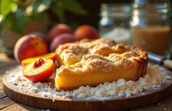Golden baked peach pie with crumb topping sits on wooden board with fresh peaches nearby. Sweet pastry dessert is ready for serving. Delicious fruit tart made with ripe stone fruit. - Powered by Adobe