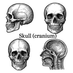 Human skull cranium anatomy set in vintage engraving style, Transparent Background