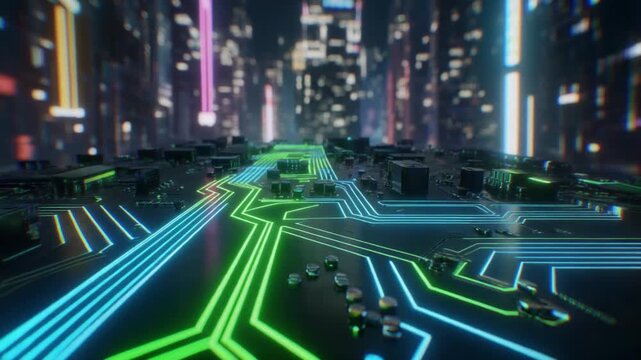 Futuristic digital cityscape with glowing circuit board pathways and neon lights Keywords: technology, futuristic, digital, cityscape