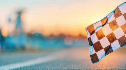 Checkered flag waves at sunset signaling the end of a thrilling race