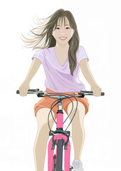 笑顔で自転車に乗る若い女性イラスト