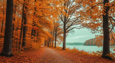 Autumn scene of a path winding through trees alongside a lake