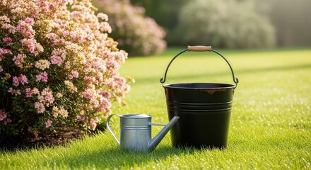 Black bucket and watering can in a garden setting with plants