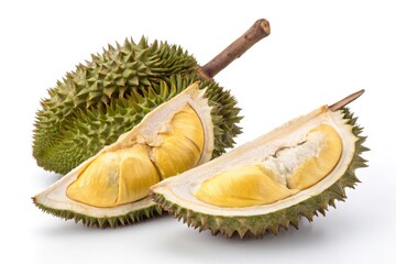 Obraz premium Durian Fruit With Spikes and Yellow Flesh Displayed on White Background