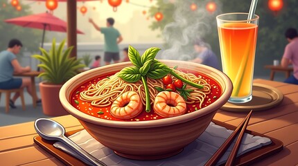 Authentic Singapore Laksa in a Traditional Ceramic Bowl