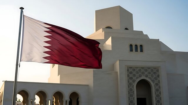 Qatar Flag Waving in Front of Museum Building
