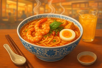 Authentic Singapore Laksa in a Traditional Ceramic Bowl