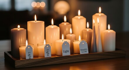 Burning Candles of Various Shapes and Sizes Creating a Warm and Soft Glow