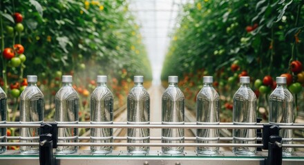 Bottles of Water on Production Line in Tomato Greenhouse