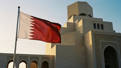 Qatar flag waving in front of the Museum of Islamic Art in Doha during a golden hour sunset.
