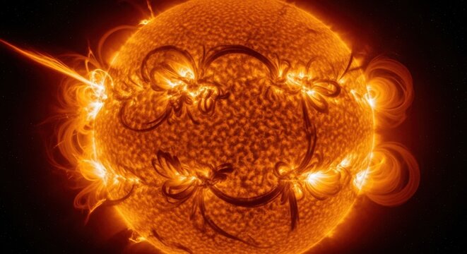 Solar flares erupting from sun's surface with magnetic field lines and hot plasma radiation - Powered by Adobe