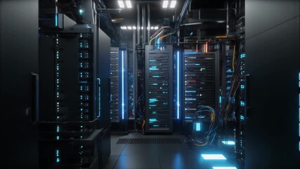Futuristic Server Room with Rows of Racks and Blue LED Lights data center - Powered by Adobe