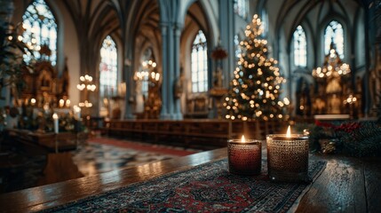 Two burning candles in glass holders on wooden altar table with blurred church nave and Christmas tree for religious worship background