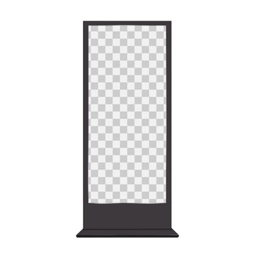 Monitor kiosk. Front view. Realistic 3d vector mockup. Blank black frame digital media display. LED LCD screen TV video panel. Interactive touch screen self-service stand. Mock-up. Template for design