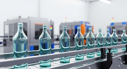Clear Water Bottles on Production Conveyor Line in a Factory