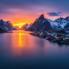 Lofoten Islands: Serene sunset over Reine village with dramatic mountain peaks reflection