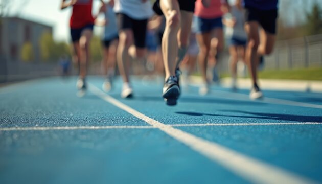 Several athletes run on blue race track. Runners compete in sport competition at stadium. People race during marathon. Jogging men and women in fitness sportswear outdoors. - Powered by Adobe