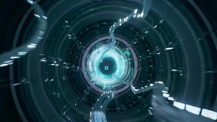 Futuristic digital data tunnel with glowing binary code and technological elements in blue tones - Powered by Adobe