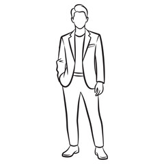 Confident businessman outline in suit, modern style for presentations or creative projects, simple black and white design