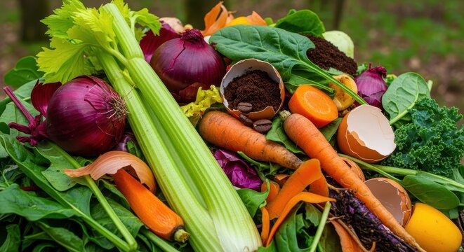Close up of compost pile with mixed organic food scraps - Powered by Adobe