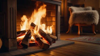 Glowing Fireplace with Burning Logs and Cozy Armchair in a Warmly Lit Room Keywords: fireplace, fire, burning logs, wood, flames - Powered by Adobe
